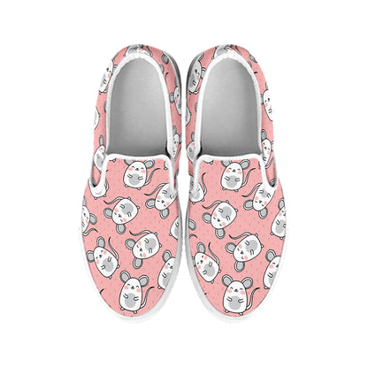 Cute Rat Pattern Print White Slip On Shoes