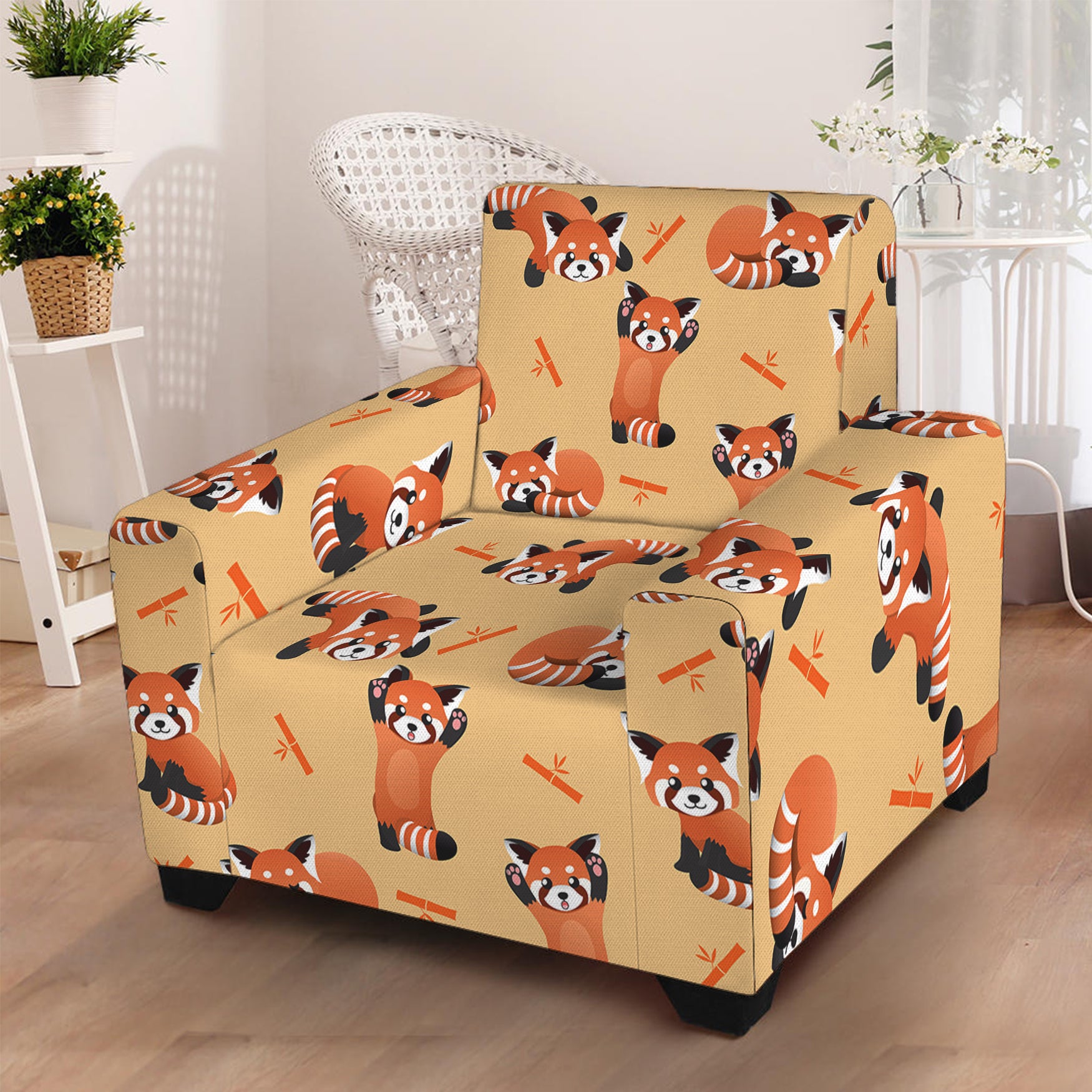 Cute Red Panda And Bamboo Pattern Print Armchair Slipcover