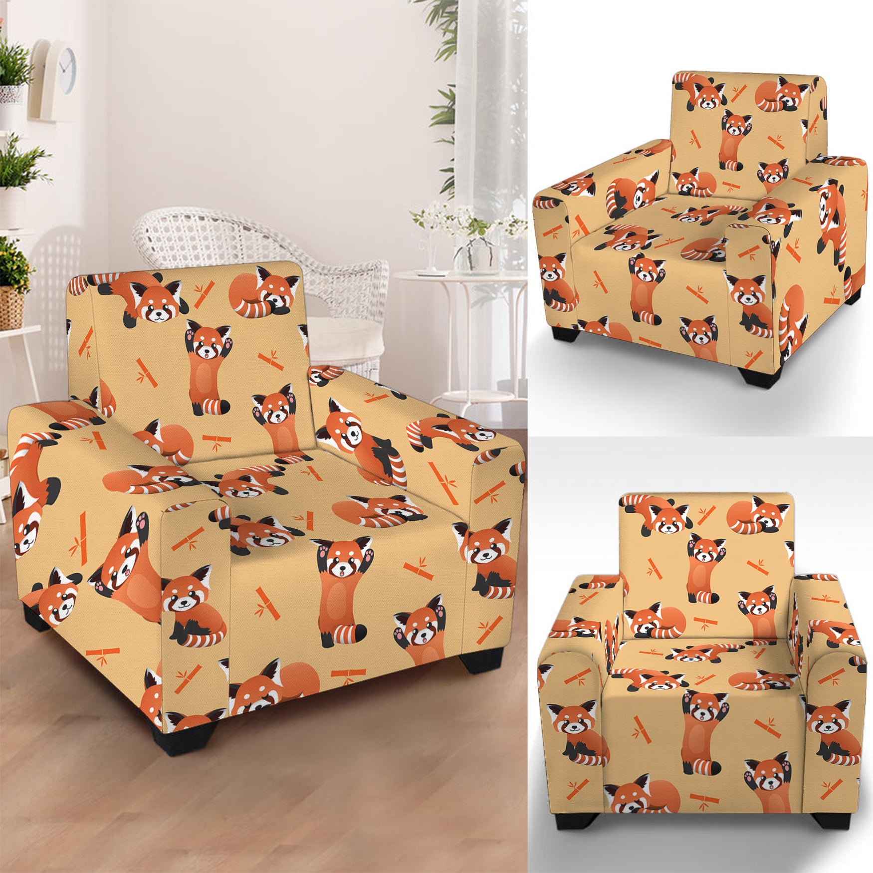 Cute Red Panda And Bamboo Pattern Print Armchair Slipcover