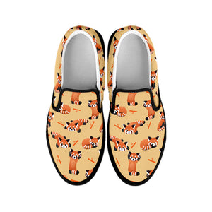 Cute Red Panda And Bamboo Pattern Print Black Slip On Shoes