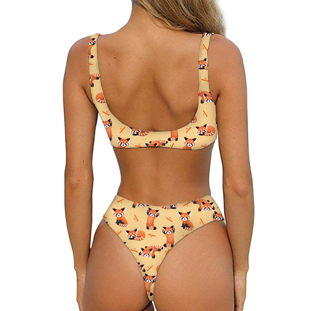 Cute Red Panda And Bamboo Pattern Print Front Bow Tie Bikini