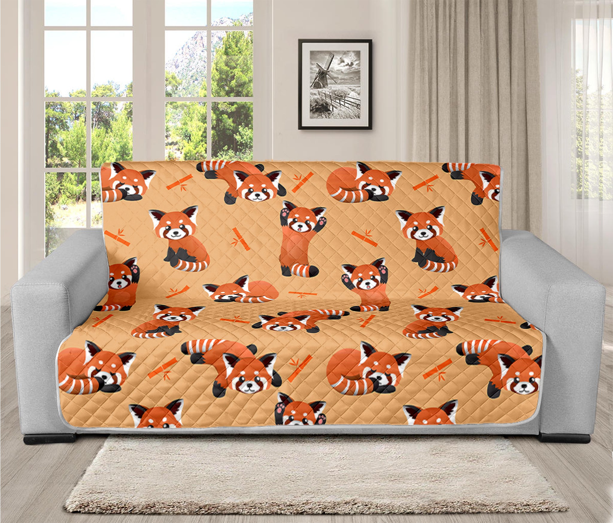 Cute Red Panda And Bamboo Pattern Print Futon Protector