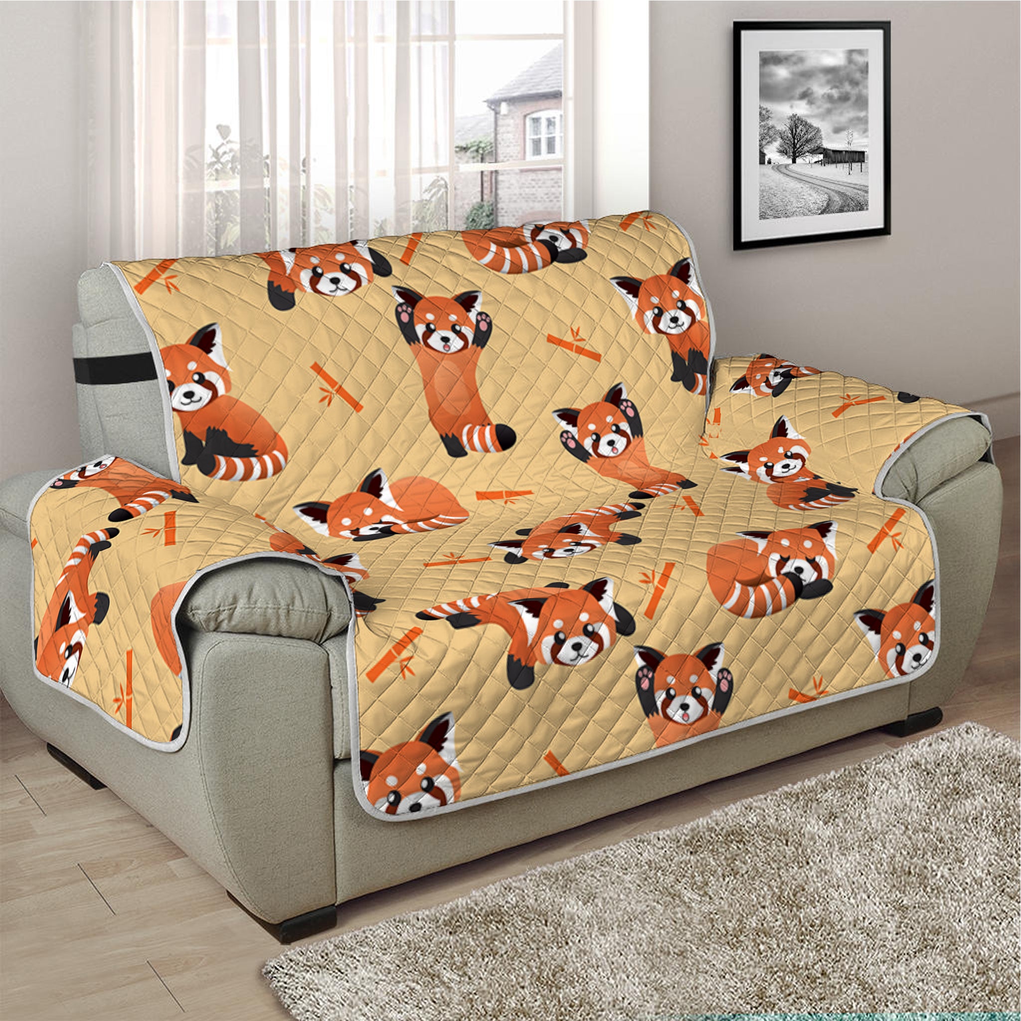 Cute Red Panda And Bamboo Pattern Print Half Sofa Protector