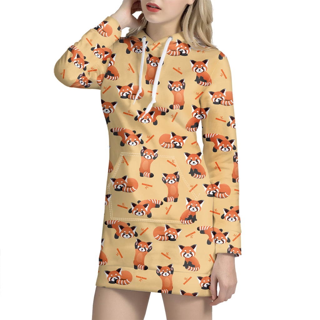 Cute Red Panda And Bamboo Pattern Print Hoodie Dress