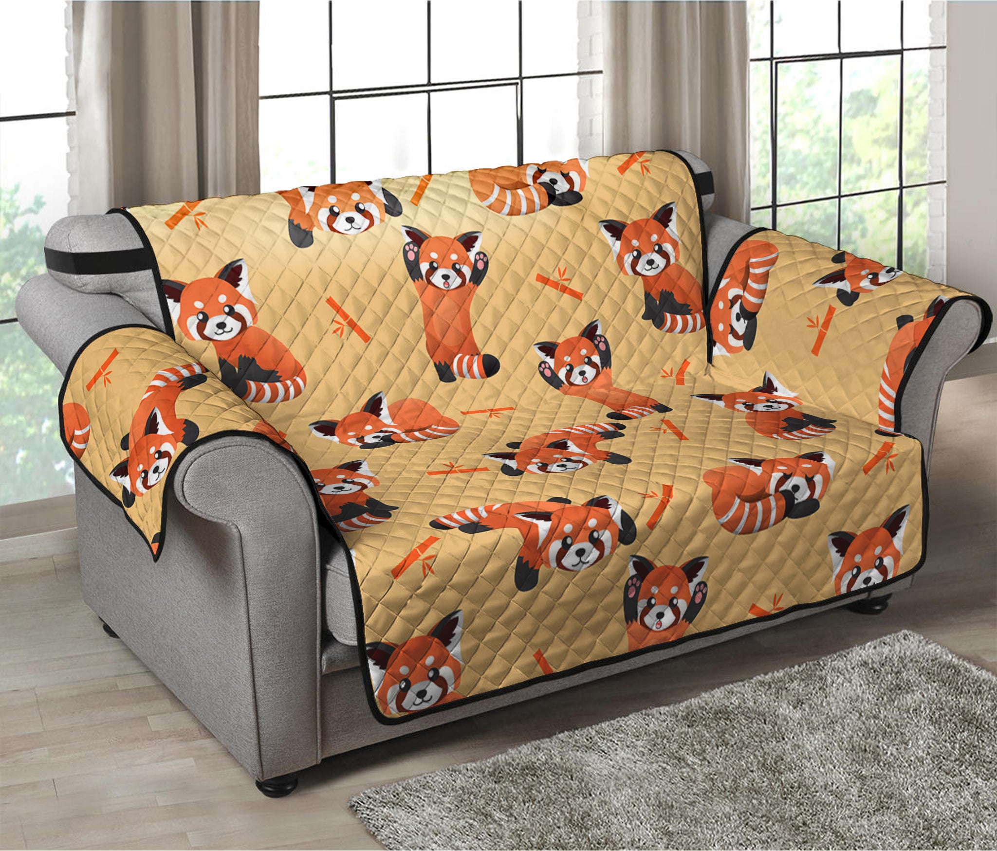 Cute Red Panda And Bamboo Pattern Print Loveseat Protector