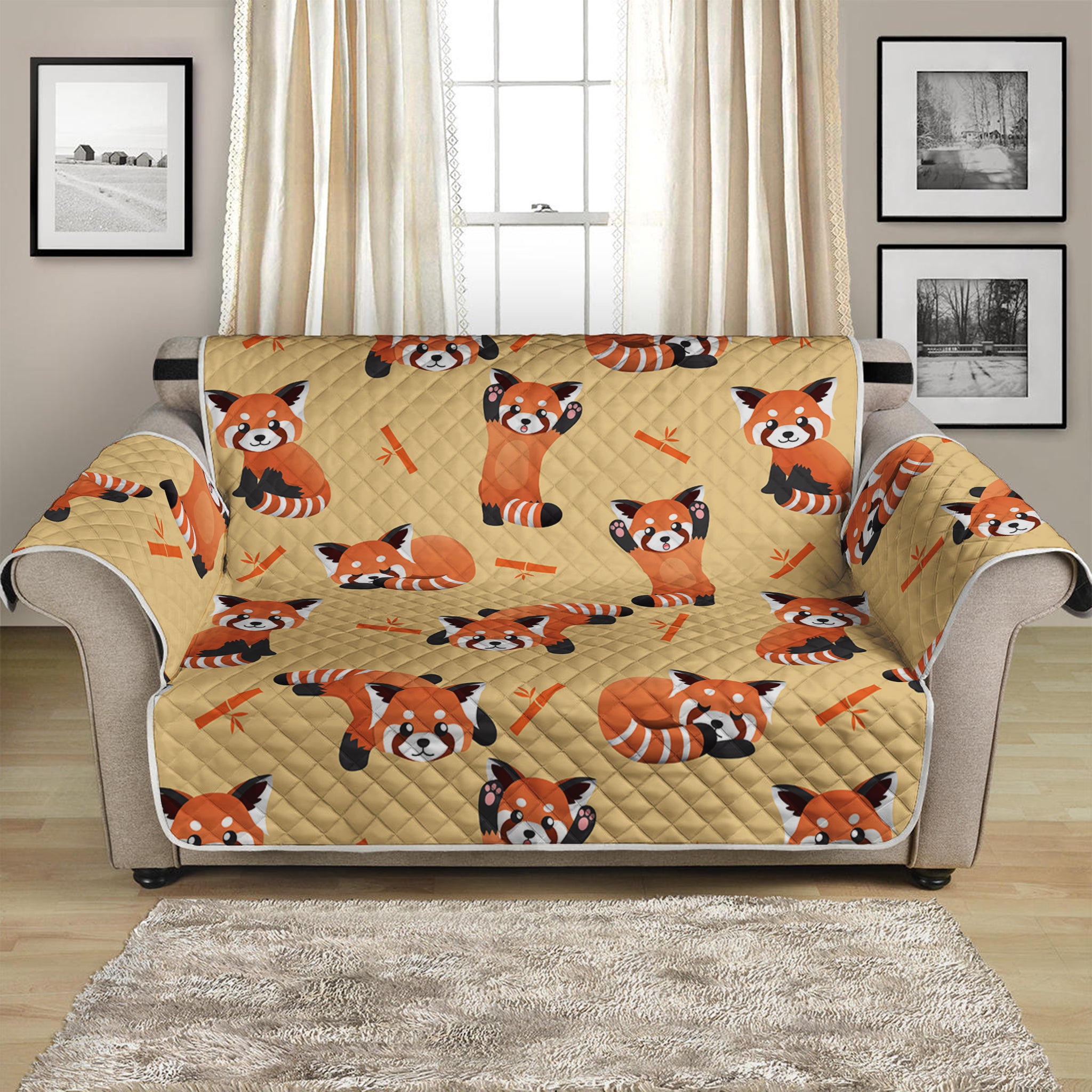 Cute Red Panda And Bamboo Pattern Print Loveseat Protector