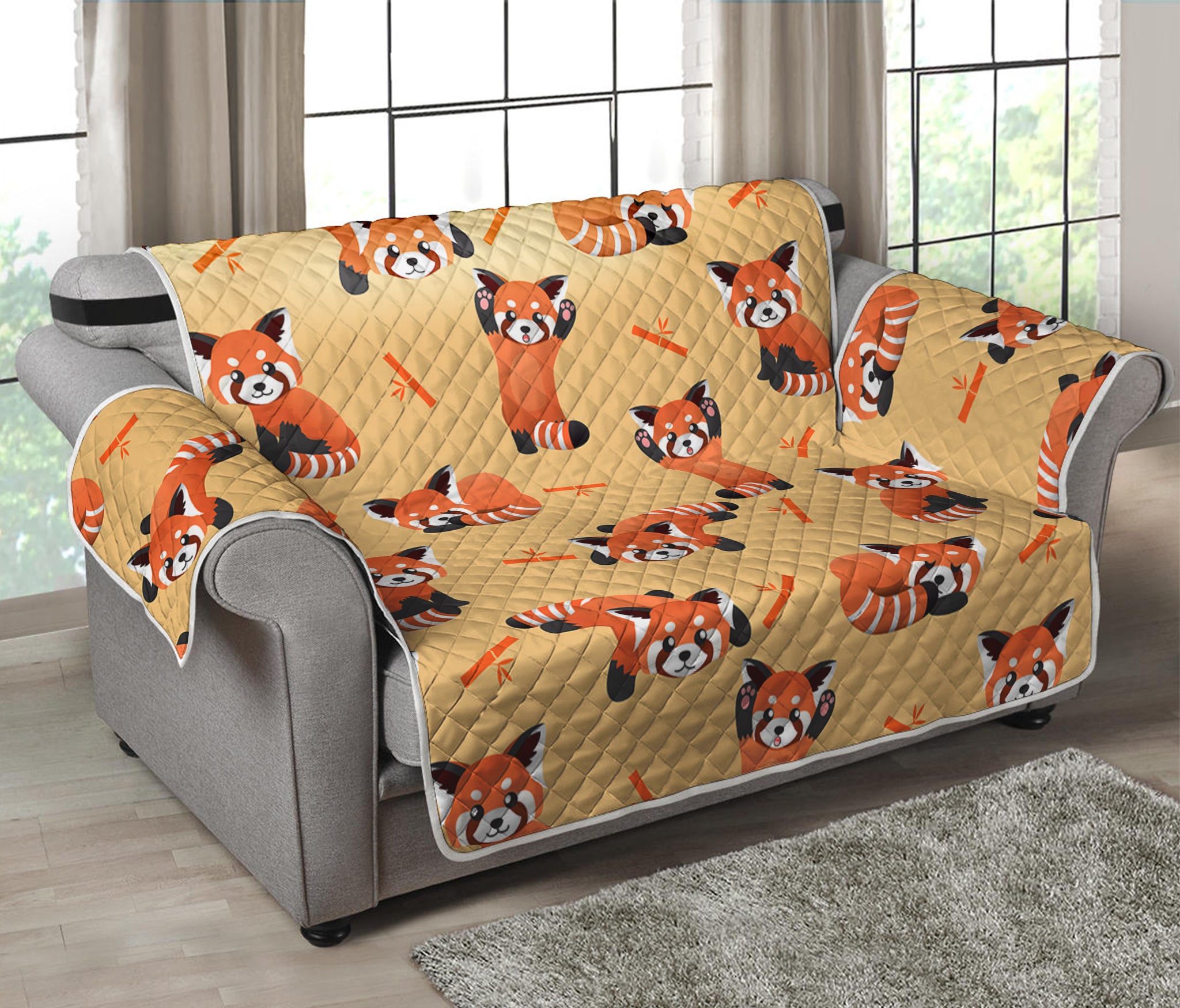 Cute Red Panda And Bamboo Pattern Print Loveseat Protector