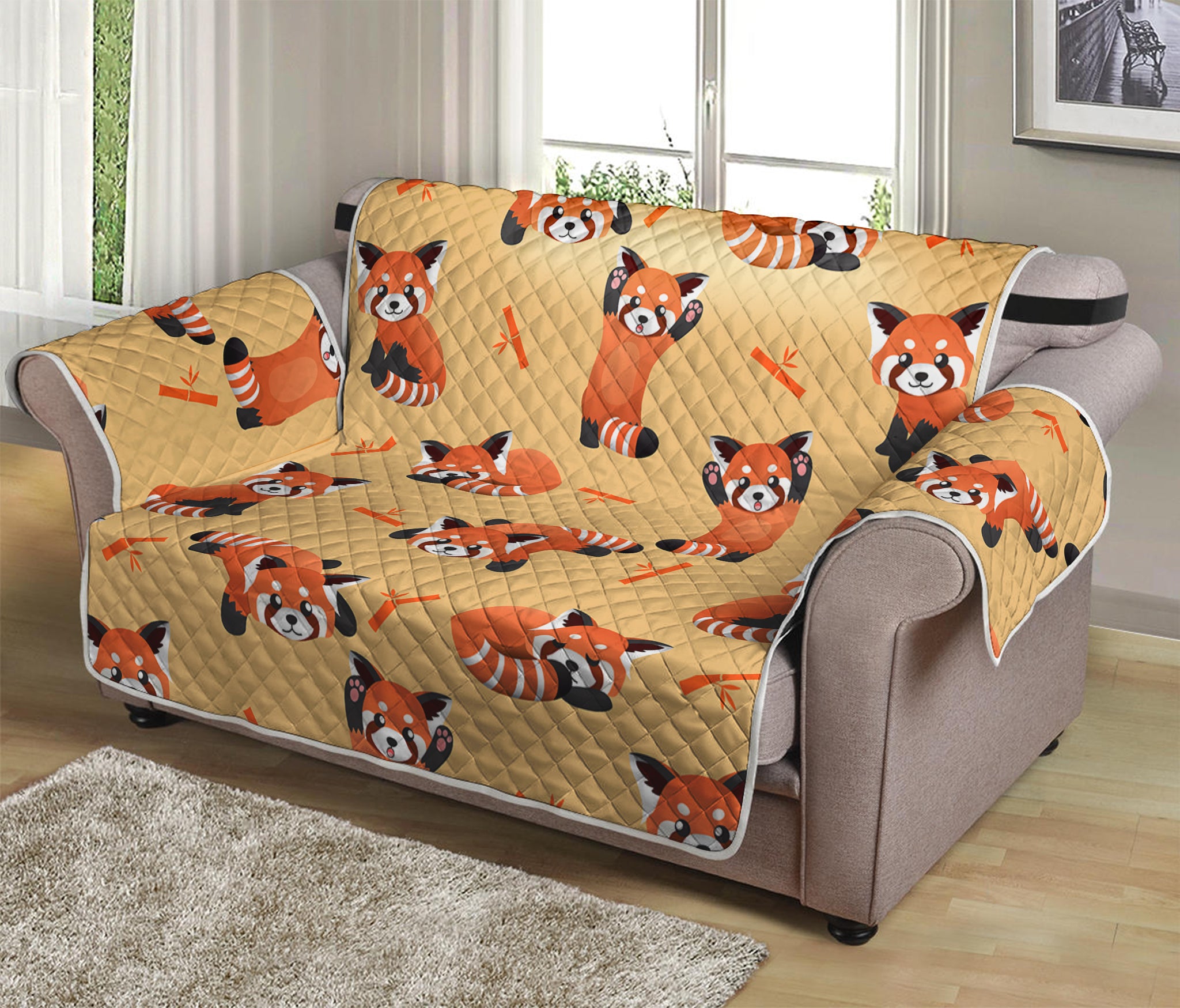 Cute Red Panda And Bamboo Pattern Print Loveseat Protector