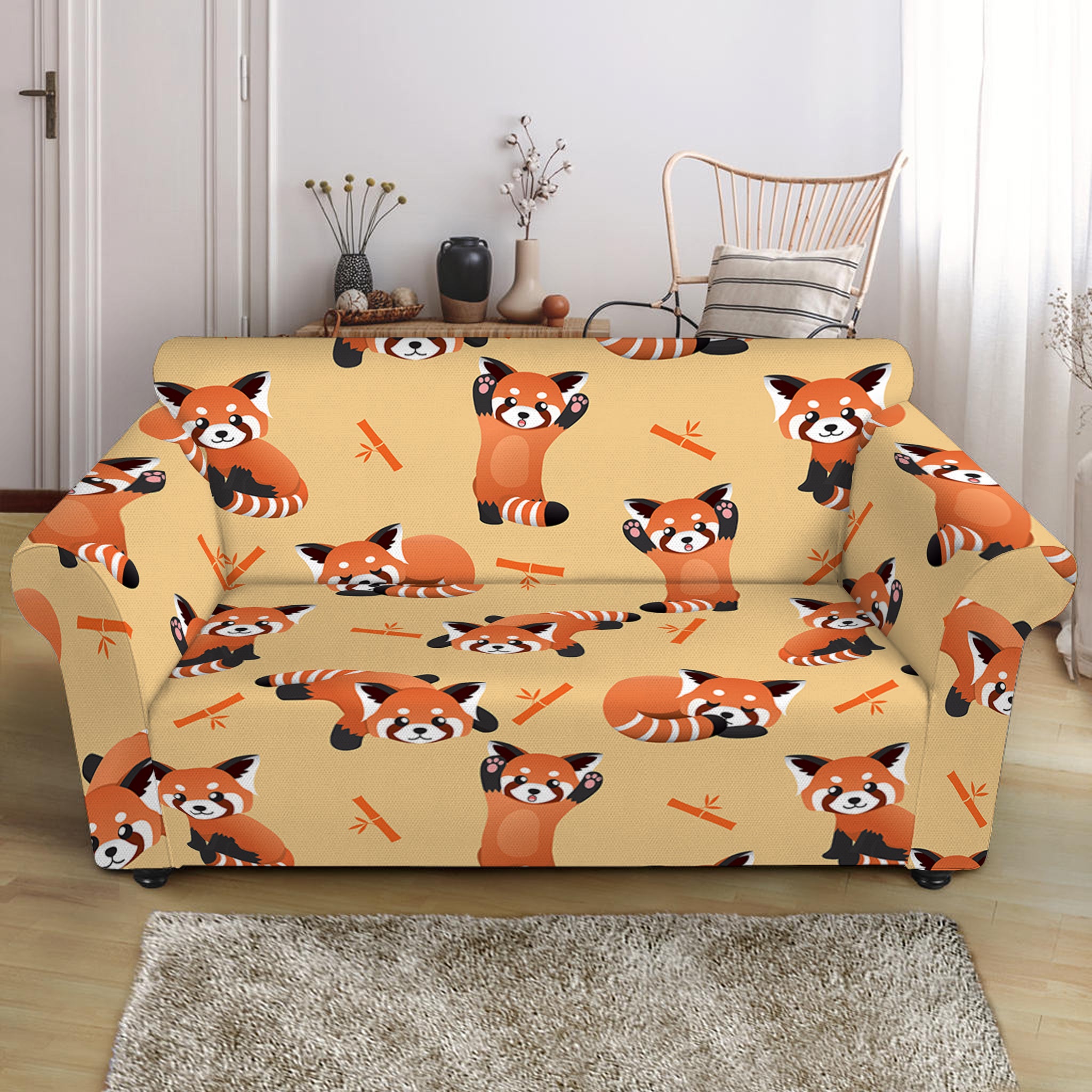 Cute Red Panda And Bamboo Pattern Print Loveseat Slipcover