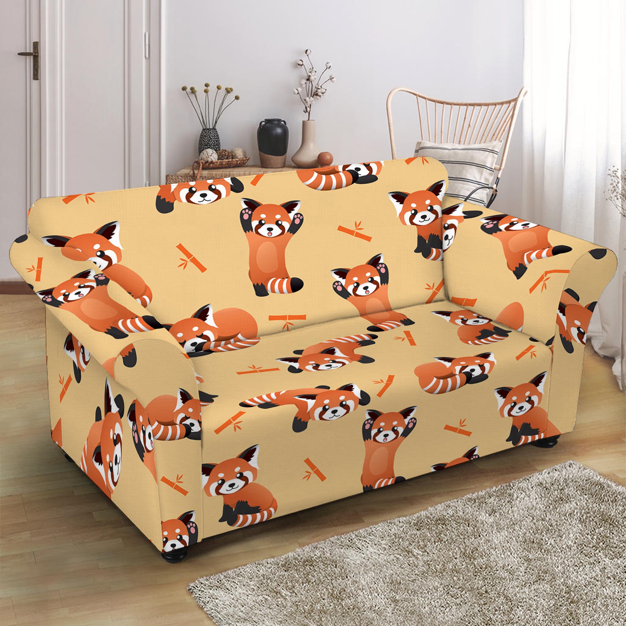 Cute Red Panda And Bamboo Pattern Print Loveseat Slipcover