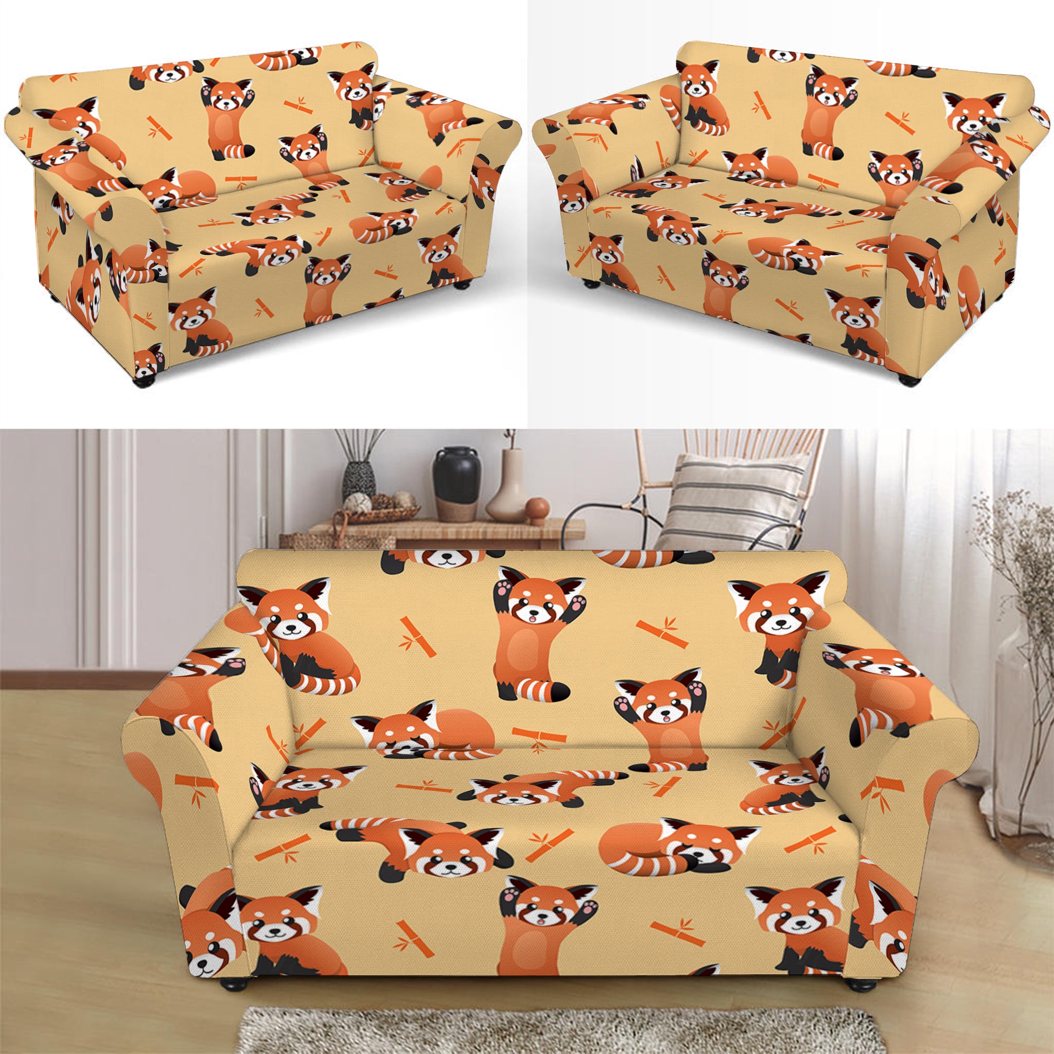 Cute Red Panda And Bamboo Pattern Print Loveseat Slipcover