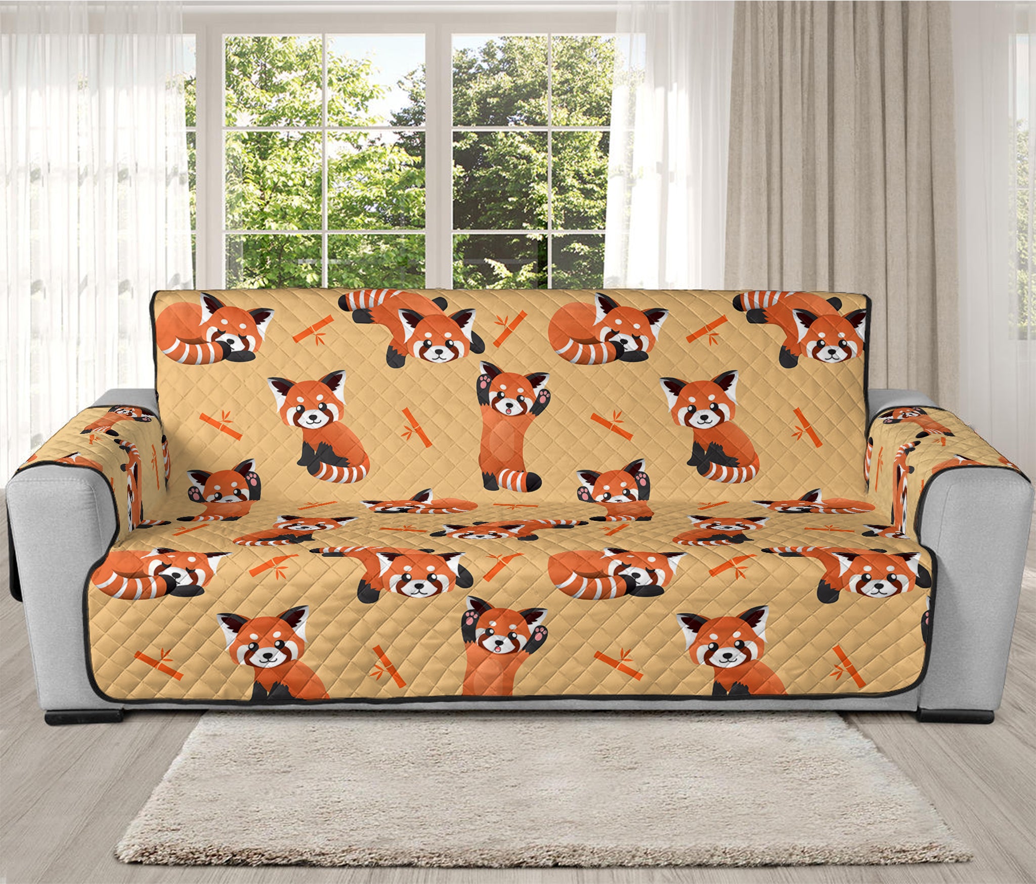 Cute Red Panda And Bamboo Pattern Print Oversized Sofa Protector