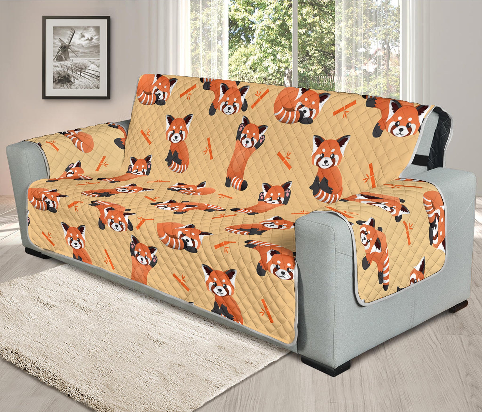 Cute Red Panda And Bamboo Pattern Print Oversized Sofa Protector