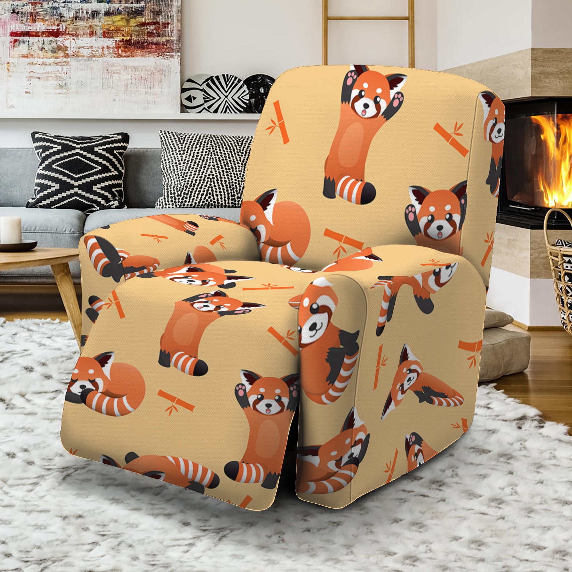 Cute Red Panda And Bamboo Pattern Print Recliner Slipcover