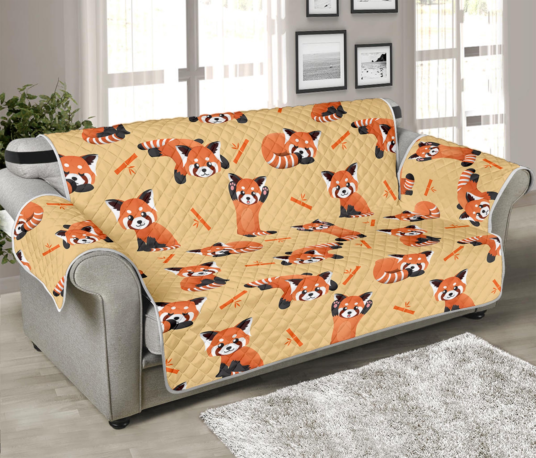 Cute Red Panda And Bamboo Pattern Print Sofa Protector