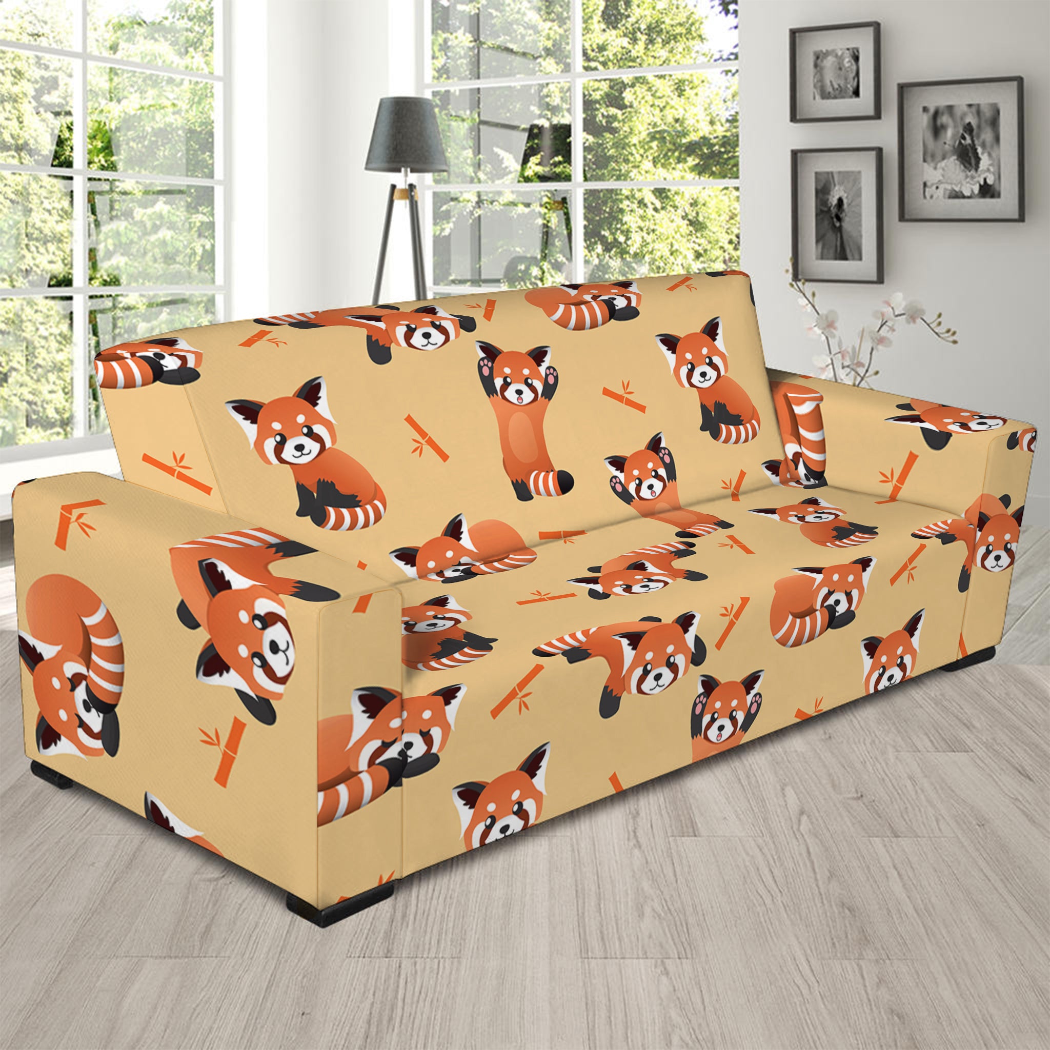 Cute Red Panda And Bamboo Pattern Print Sofa Slipcover