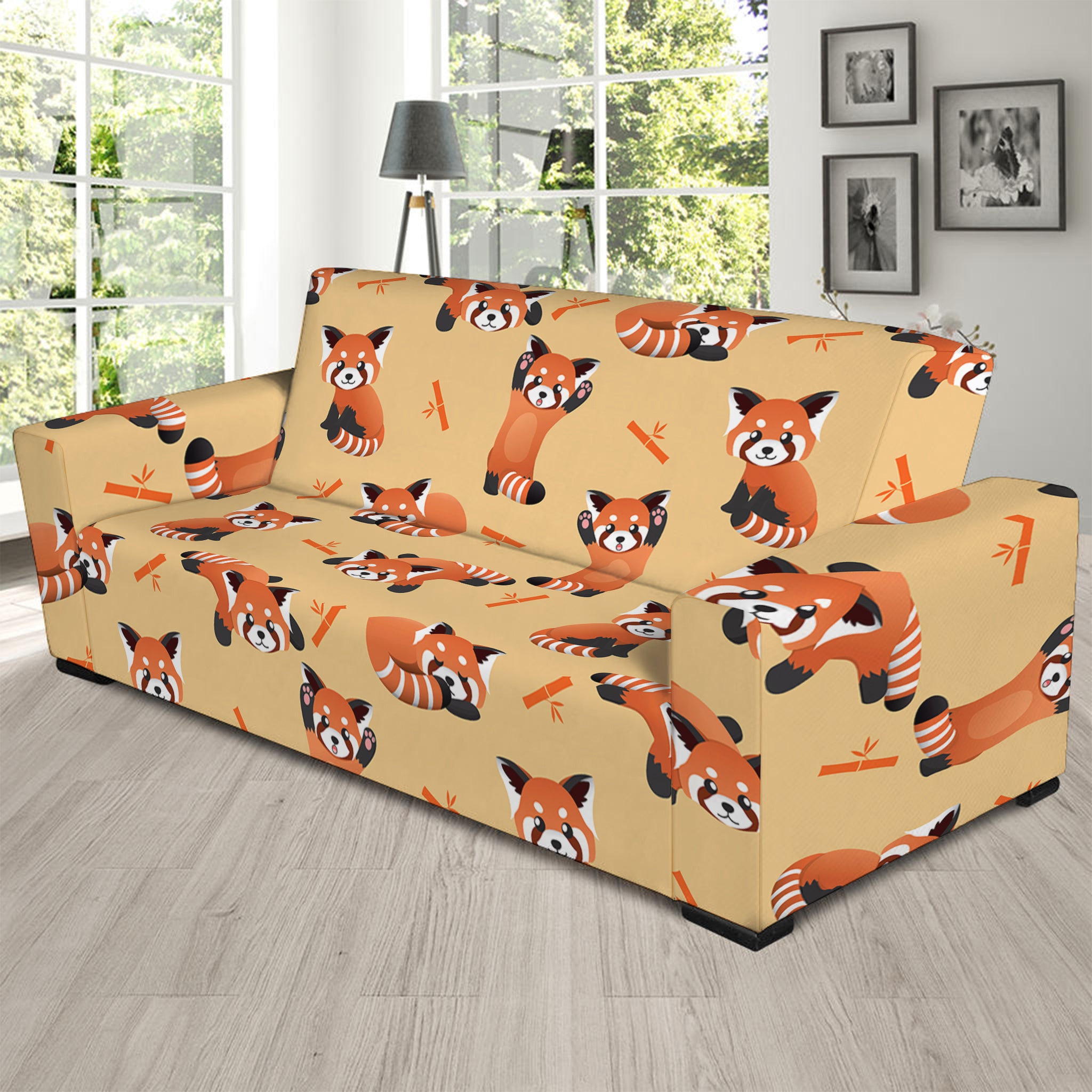 Cute Red Panda And Bamboo Pattern Print Sofa Slipcover