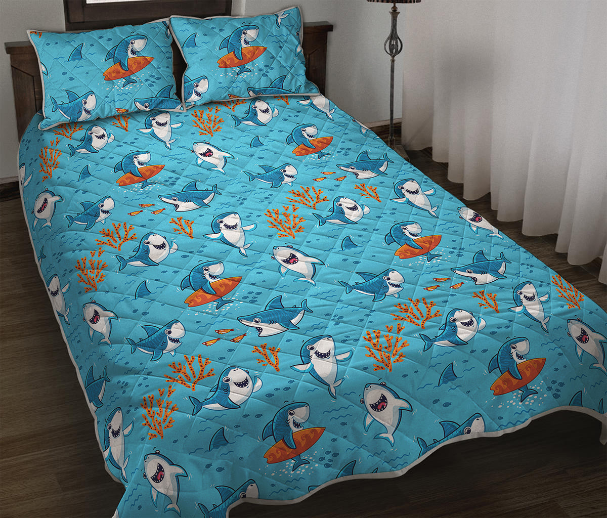 Cute Shark Pattern Print Quilt Bed Set