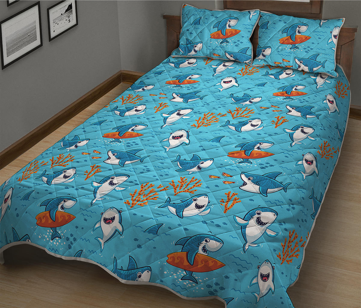 Cute Shark Pattern Print Quilt Bed Set