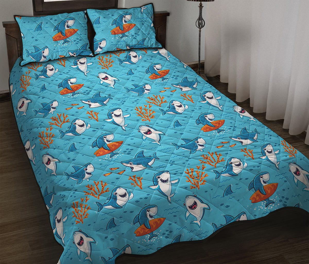 Cute Shark Pattern Print Quilt Bed Set