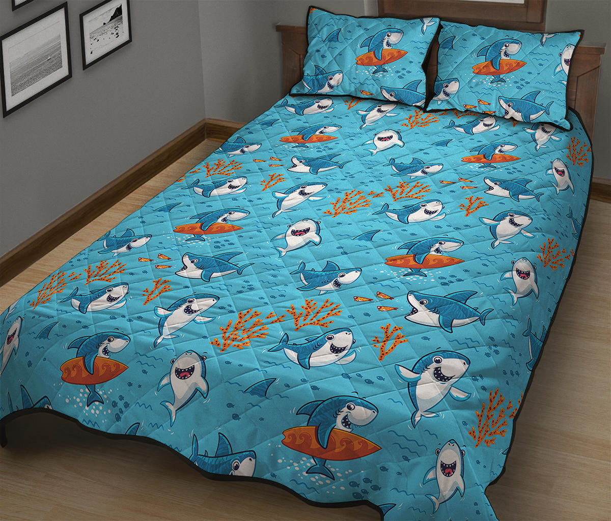 Cute Shark Pattern Print Quilt Bed Set