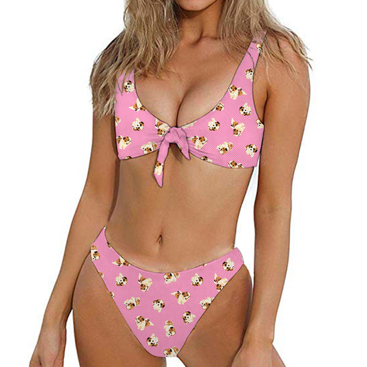 Cute Shih Tzu Pattern Print Front Bow Tie Bikini