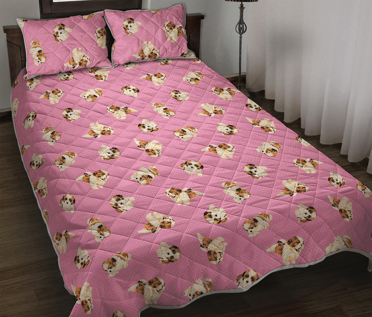 Cute Shih Tzu Pattern Print Quilt Bed Set