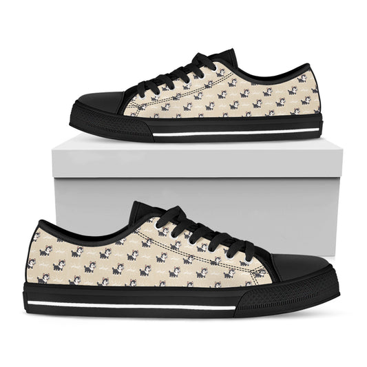 Cute Siberian Husky Pattern Print Black Low Top Shoes