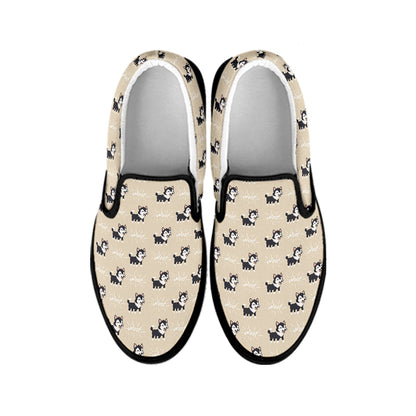 Cute Siberian Husky Pattern Print Black Slip On Shoes