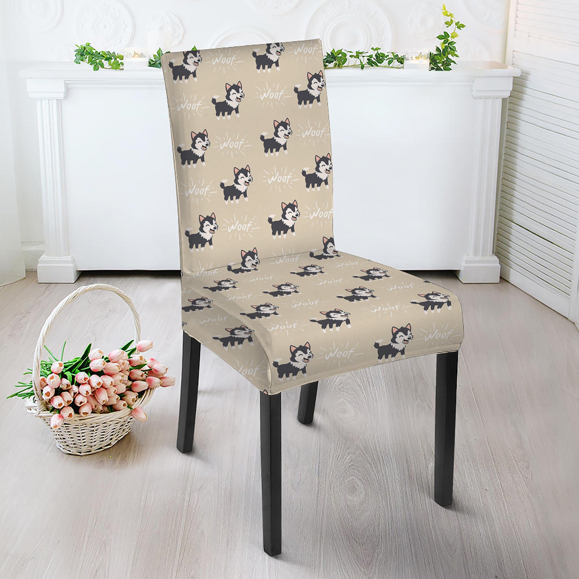 Cute Siberian Husky Pattern Print Dining Chair Slipcover