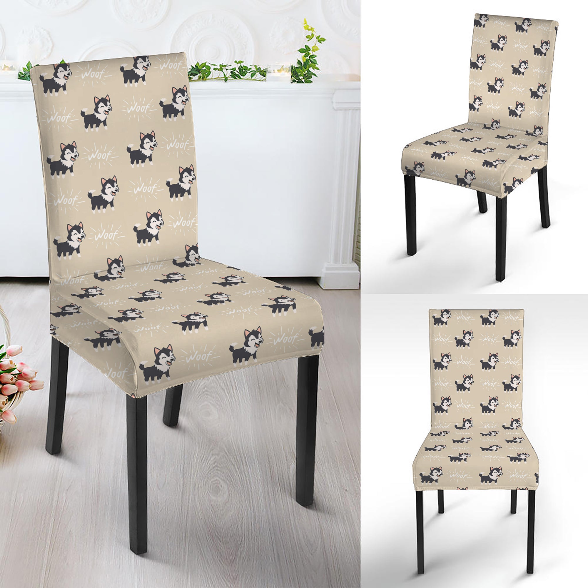 Cute Siberian Husky Pattern Print Dining Chair Slipcover