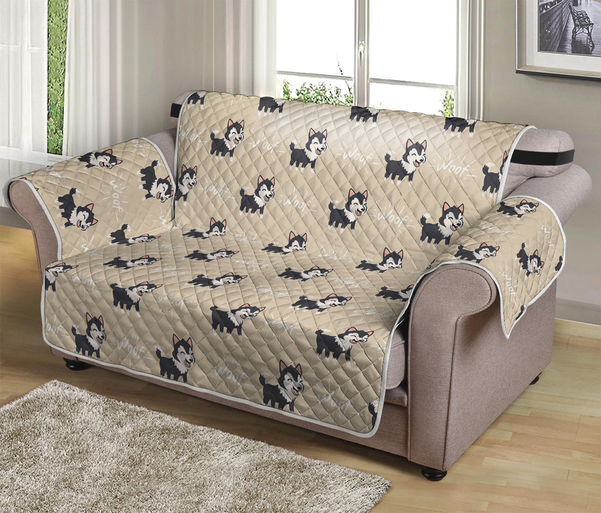 Cute Siberian Husky Pattern Print Loveseat Protector