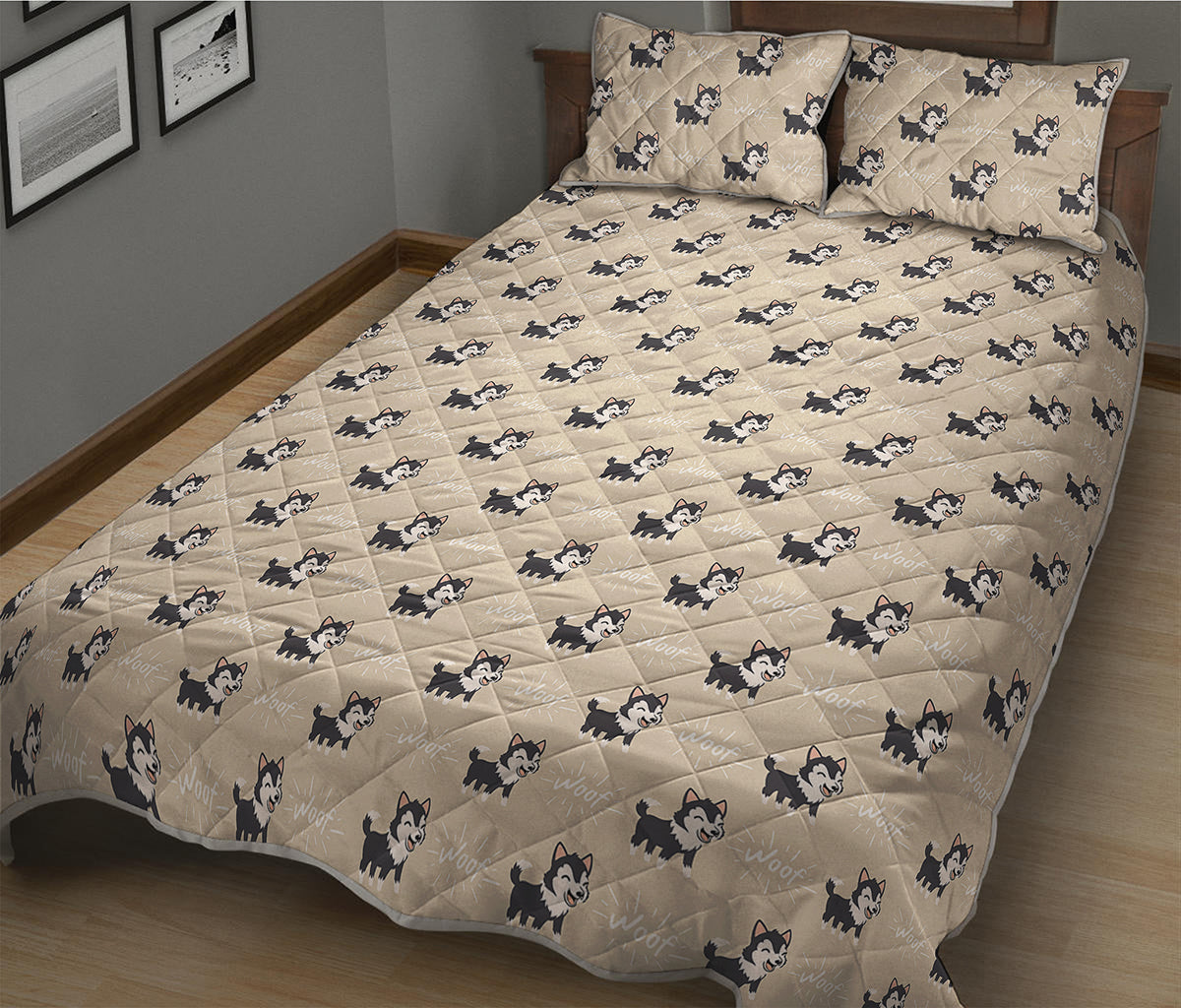 Cute Siberian Husky Pattern Print Quilt Bed Set