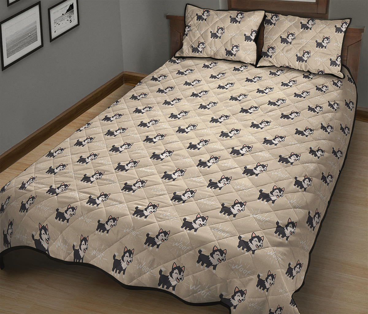 Cute Siberian Husky Pattern Print Quilt Bed Set