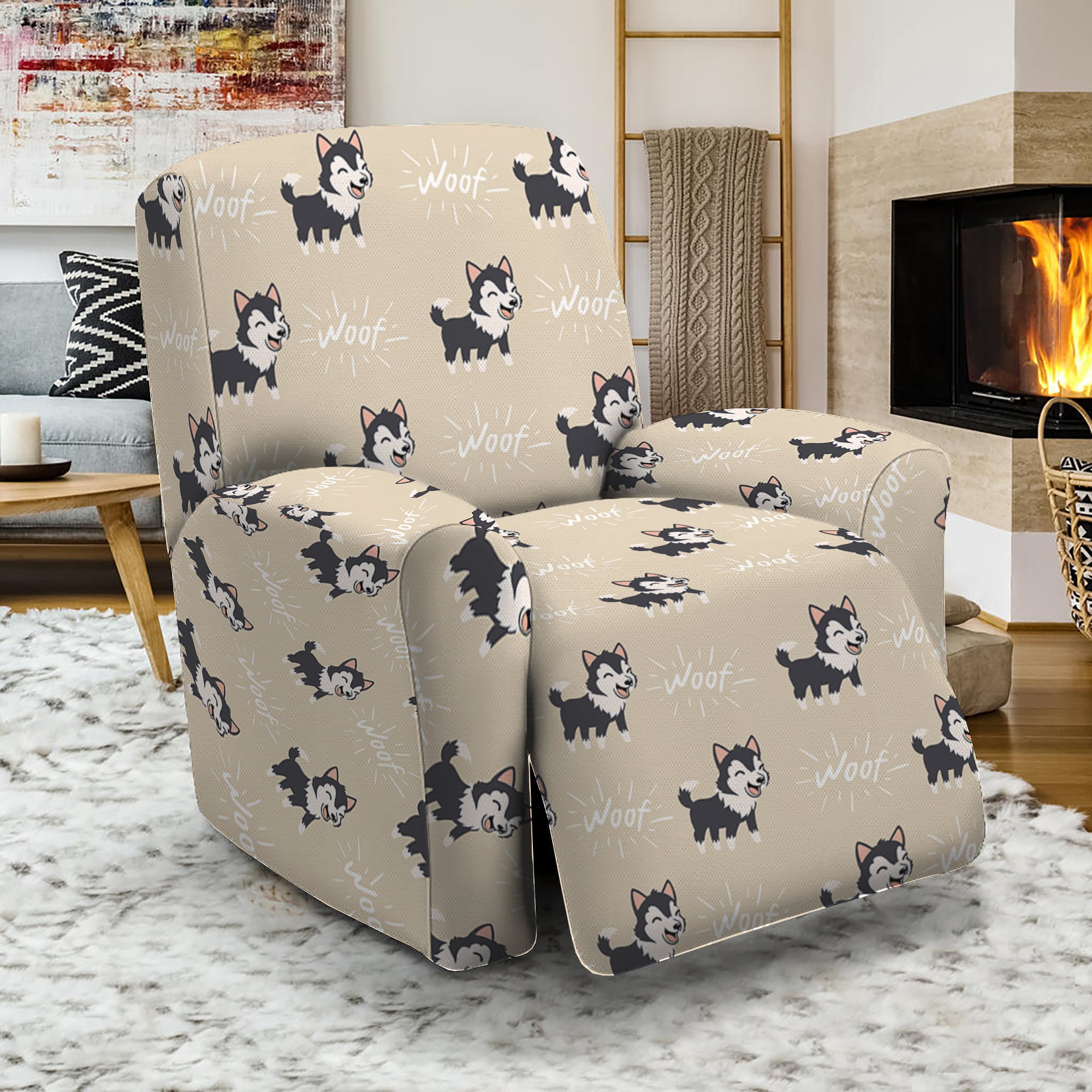 Cute Siberian Husky Pattern Print Recliner Slipcover