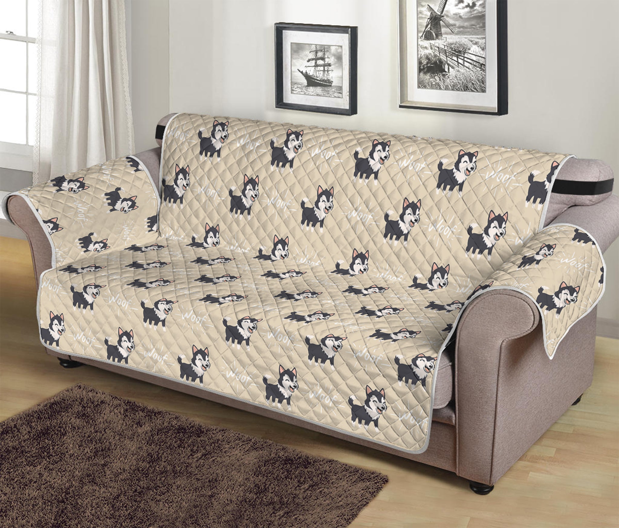 Cute Siberian Husky Pattern Print Sofa Protector