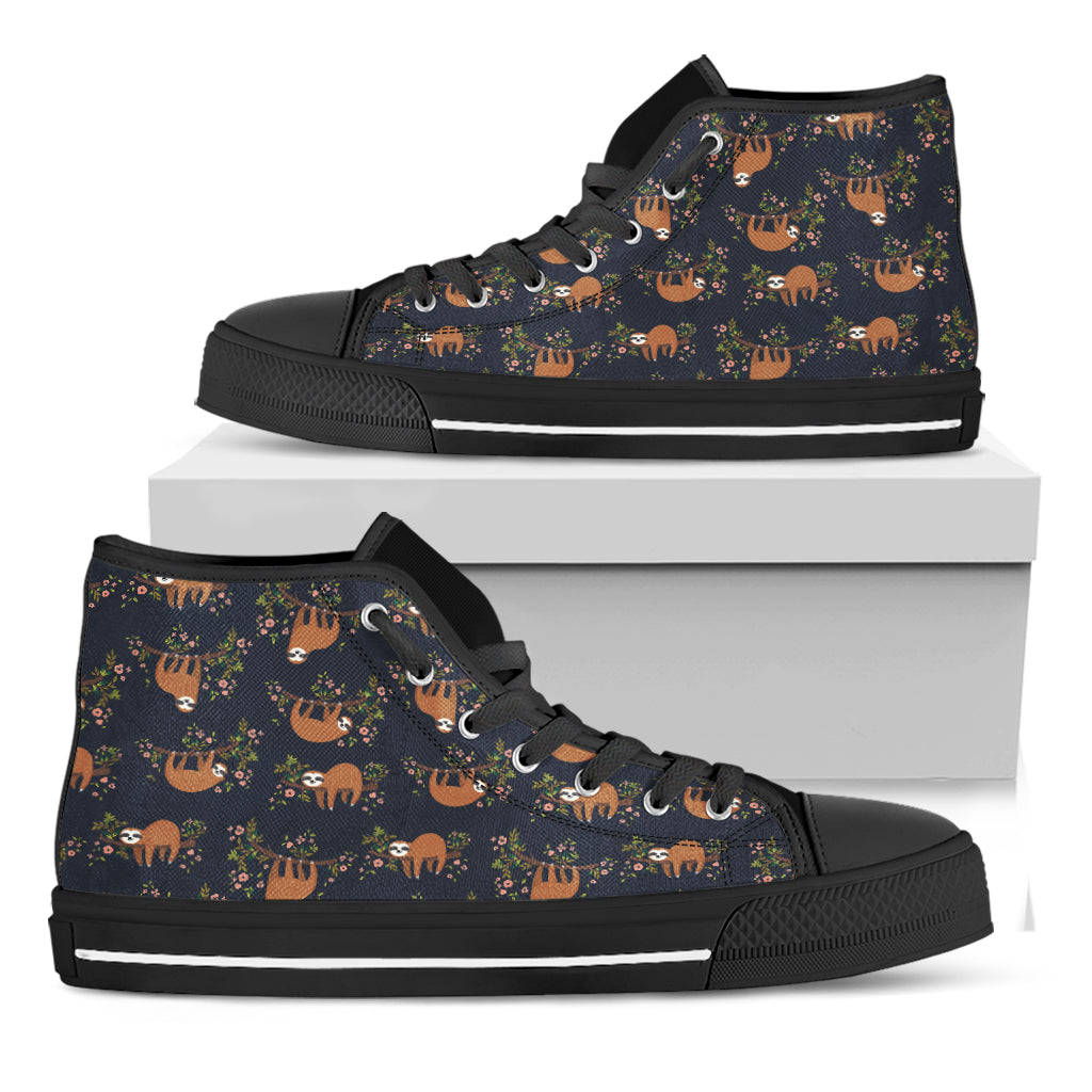 Cute Sloth Pattern Print Black High Top Shoes