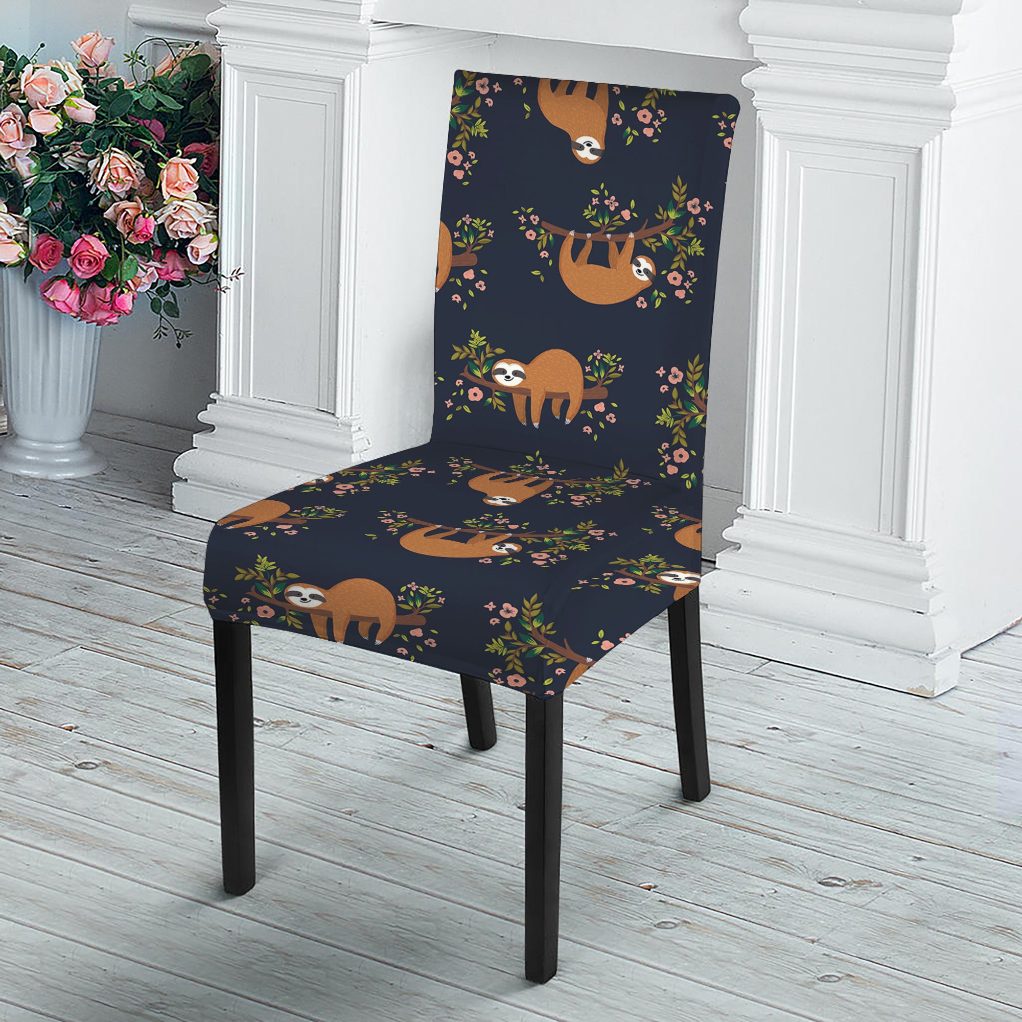 Cute Sloth Pattern Print Dining Chair Slipcover