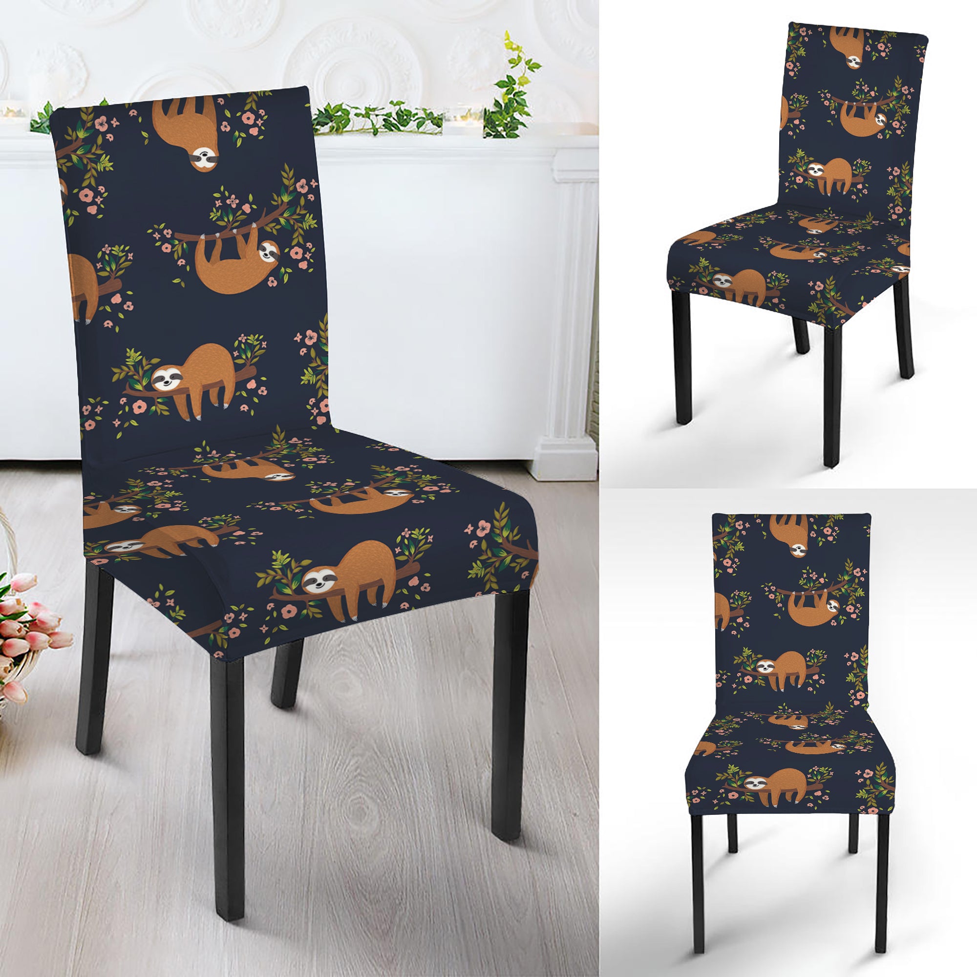 Cute Sloth Pattern Print Dining Chair Slipcover