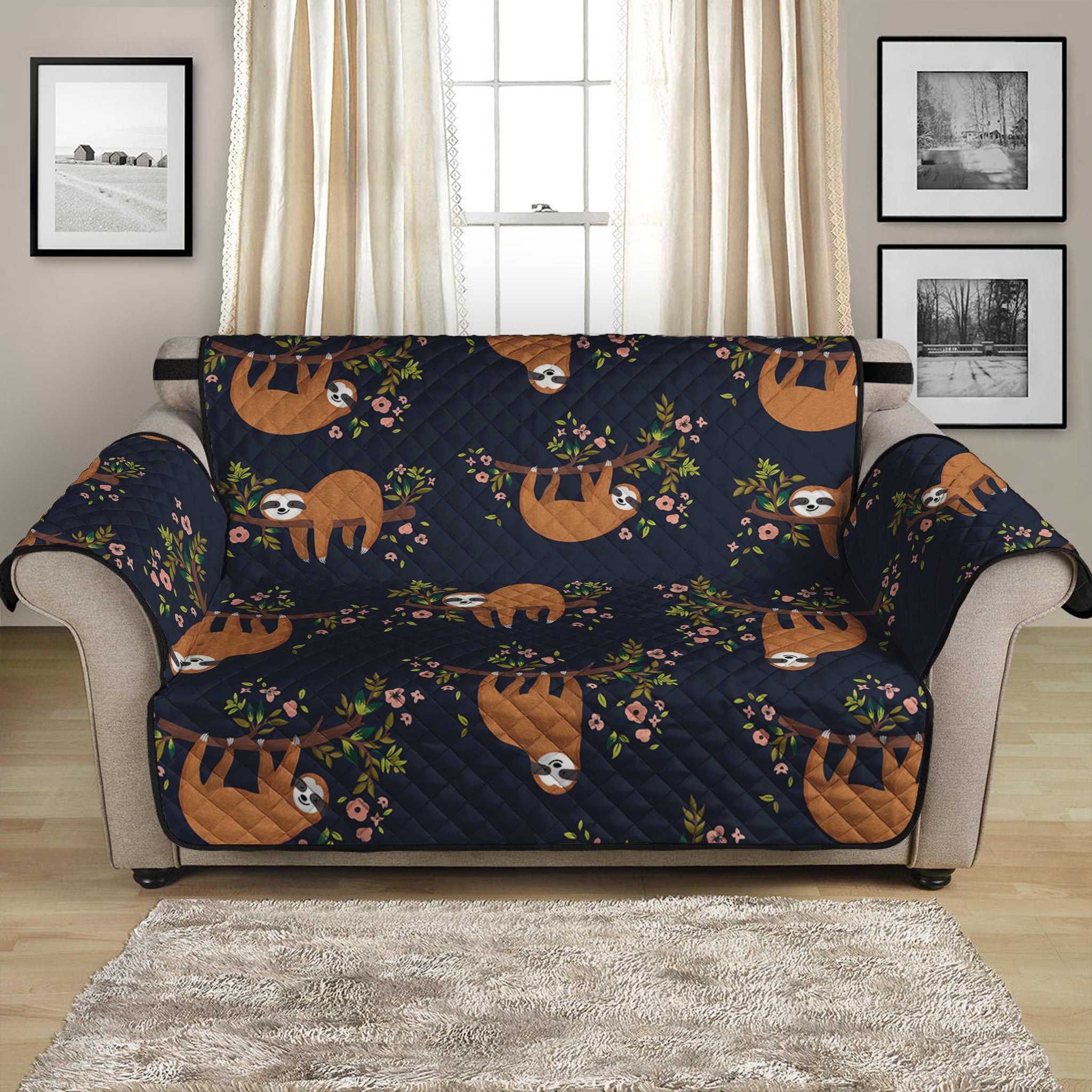 Cute Sloth Pattern Print Loveseat Protector