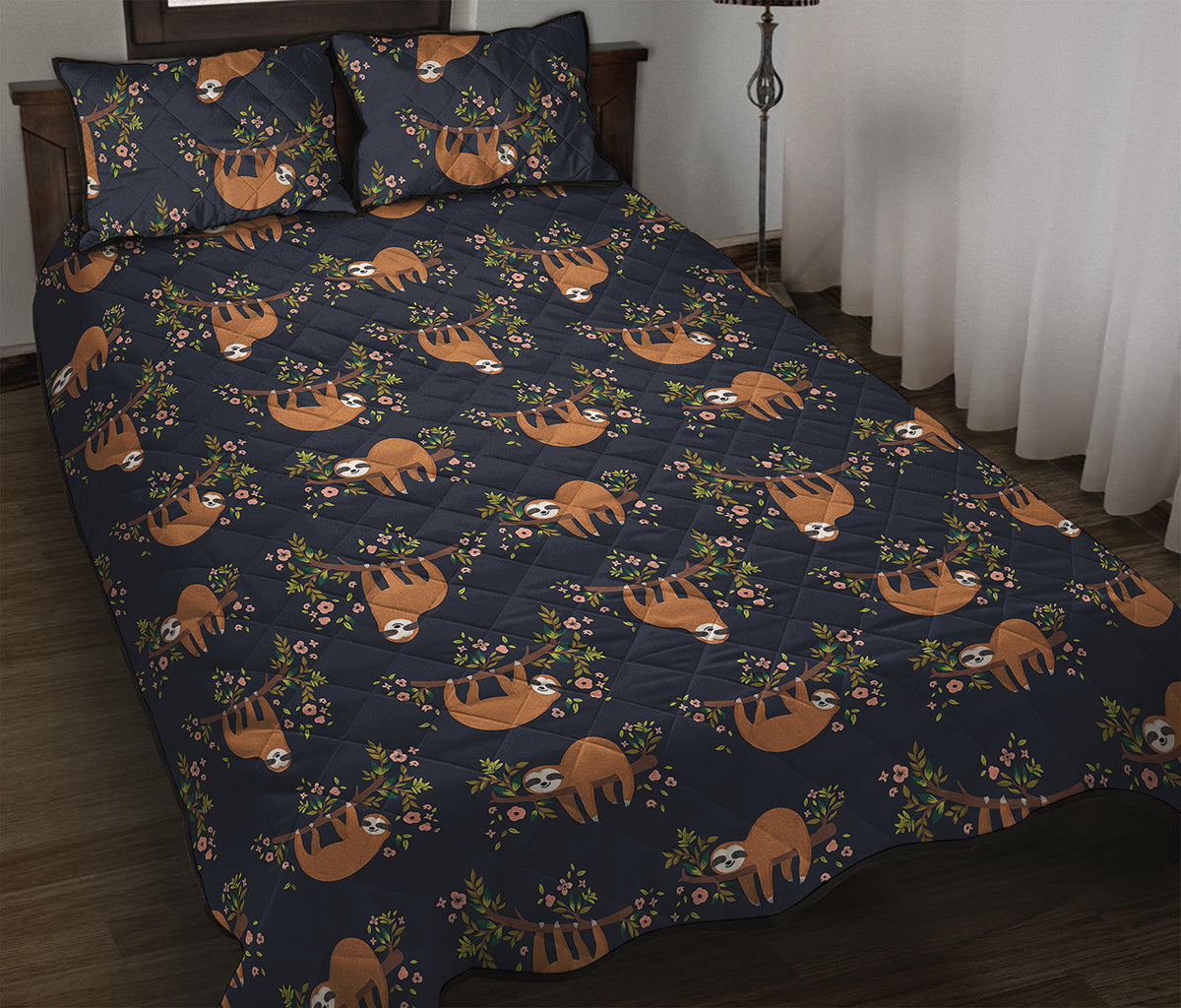 Cute Sloth Pattern Print Quilt Bed Set