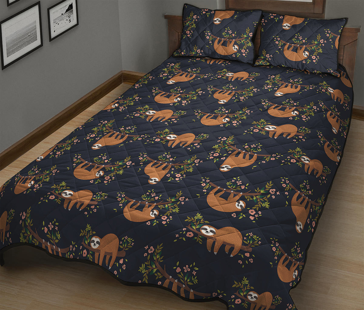 Cute Sloth Pattern Print Quilt Bed Set