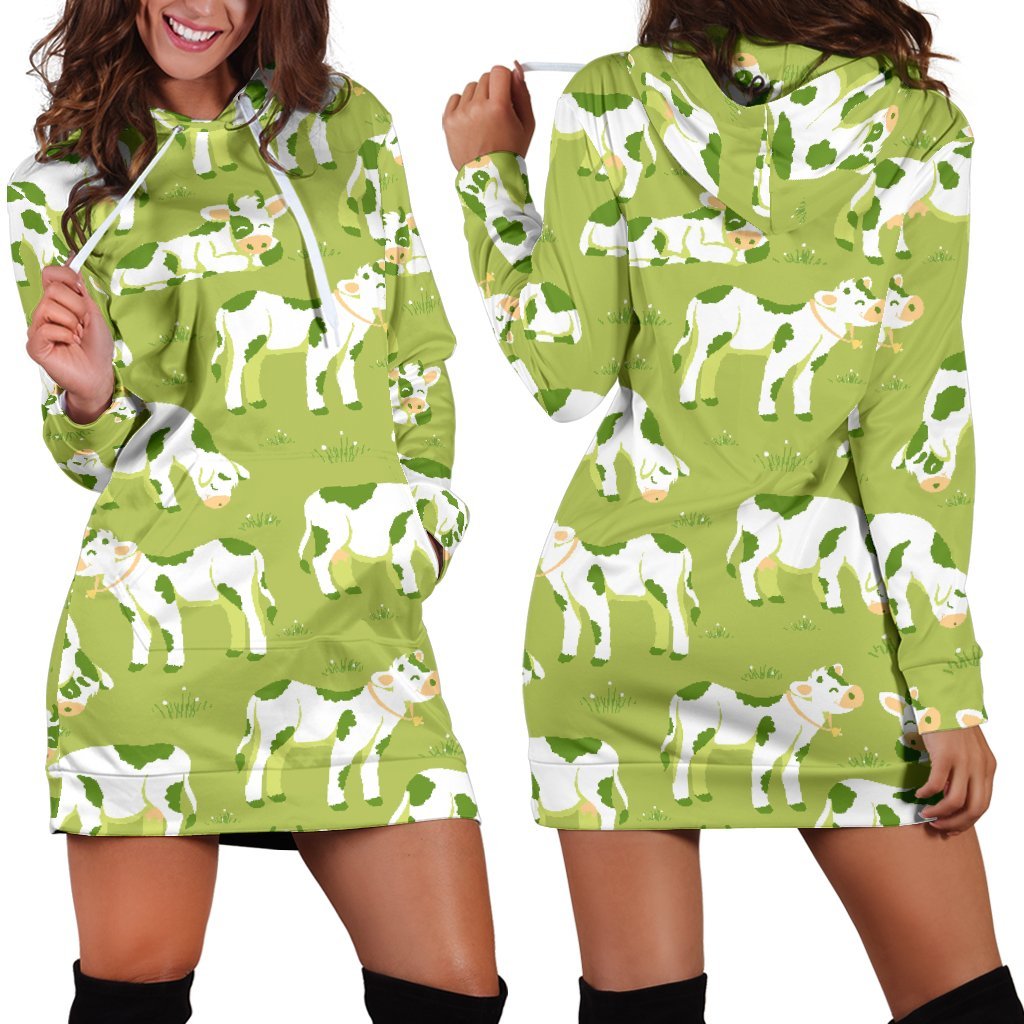 Cute Smiley Cow Pattern Print Hoodie Dress GearFrost
