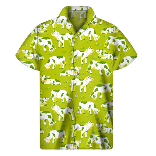 Cute Smiley Cow Pattern Print Men's Short Sleeve Shirt