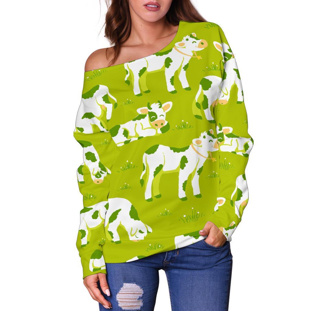 Cute Smiley Cow Pattern Print Off Shoulder Sweatshirt GearFrost