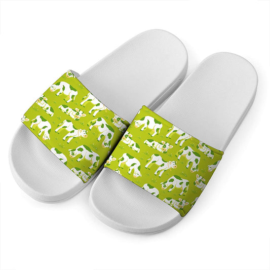 Cute Smiley Cow Pattern Print White Slide Sandals