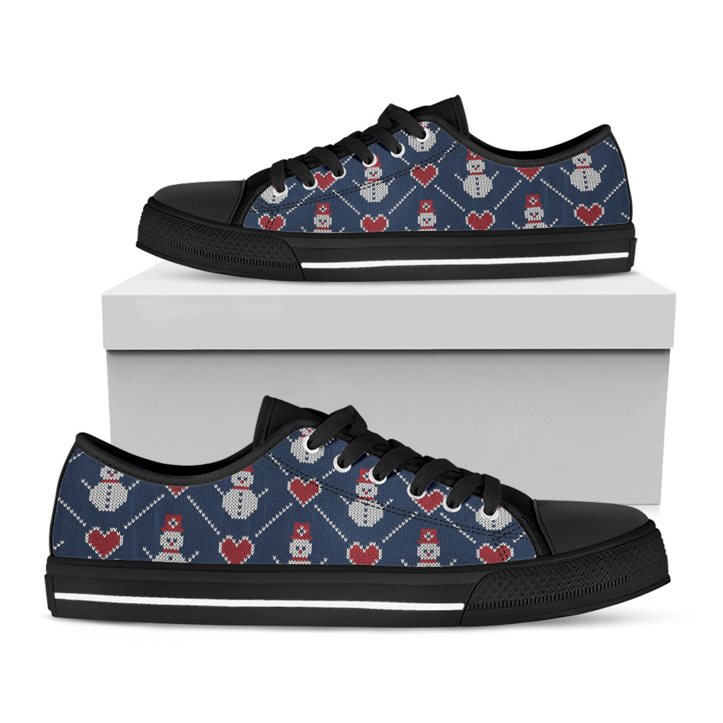 Cute Snowman Knitted Pattern Print Black Low Top Shoes