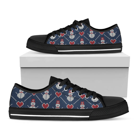 Cute Snowman Knitted Pattern Print Black Low Top Shoes
