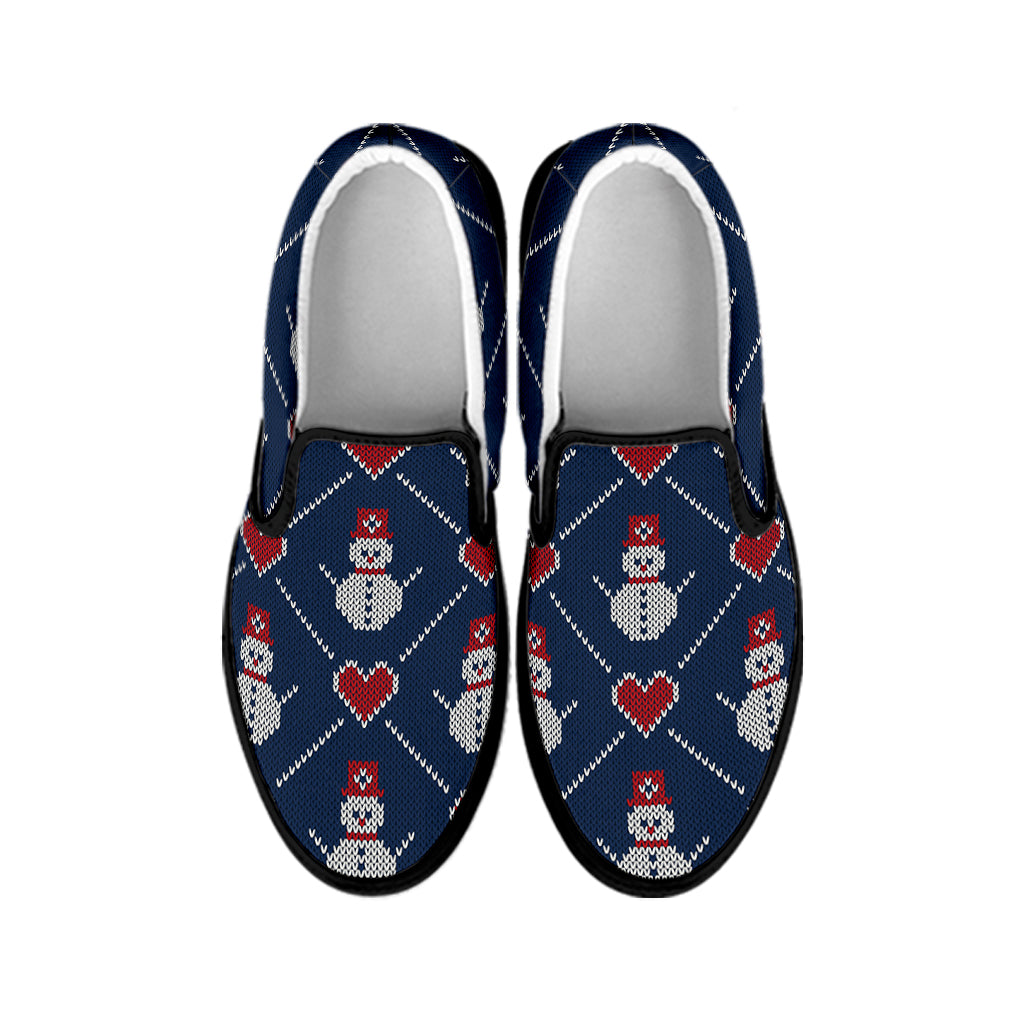 Cute Snowman Knitted Pattern Print Black Slip On Shoes