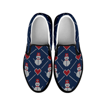 Cute Snowman Knitted Pattern Print Black Slip On Shoes